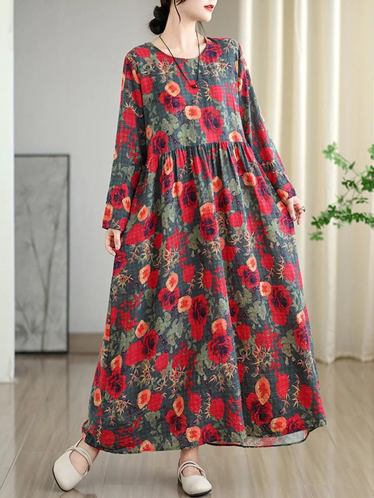 SaneShoppe - Long Sleeve Cotton Floral Vintage Long Dresses For Women 2025 Spring Autumn New Casual Loose Elegant Dress Femme Robe Clothing