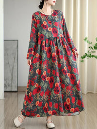 SaneShoppe - Long Sleeve Cotton Floral Vintage Long Dresses For Women 2025 Spring Autumn New Casual Loose Elegant Dress Femme Robe Clothing