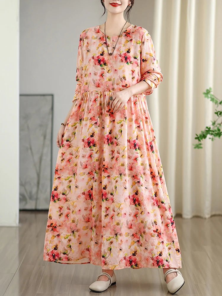 SaneShoppe - Long Sleeve Cotton Floral Vintage Long Dresses For Women 2025 Spring Autumn New Casual Loose Elegant Dress Femme Robe Clothing