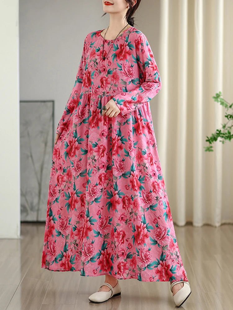SaneShoppe - Long Sleeve Cotton Floral Vintage Long Dresses For Women 2025 Spring Autumn New Casual Loose Elegant Dress Femme Robe Clothing