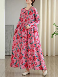 SaneShoppe - Long Sleeve Cotton Floral Vintage Long Dresses For Women 2025 Spring Autumn New Casual Loose Elegant Dress Femme Robe Clothing
