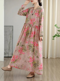 SaneShoppe - Long Sleeve Cotton Floral Vintage Long Dresses For Women 2025 Spring Autumn New Casual Loose Elegant Dress Femme Robe Clothing