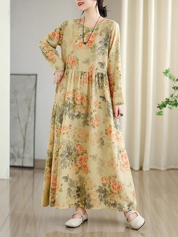 SaneShoppe - Long Sleeve Cotton Floral Vintage Long Dresses For Women 2025 Spring Autumn New Casual Loose Elegant Dress Femme Robe Clothing