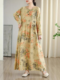 SaneShoppe - Long Sleeve Cotton Floral Vintage Long Dresses For Women 2025 Spring Autumn New Casual Loose Elegant Dress Femme Robe Clothing
