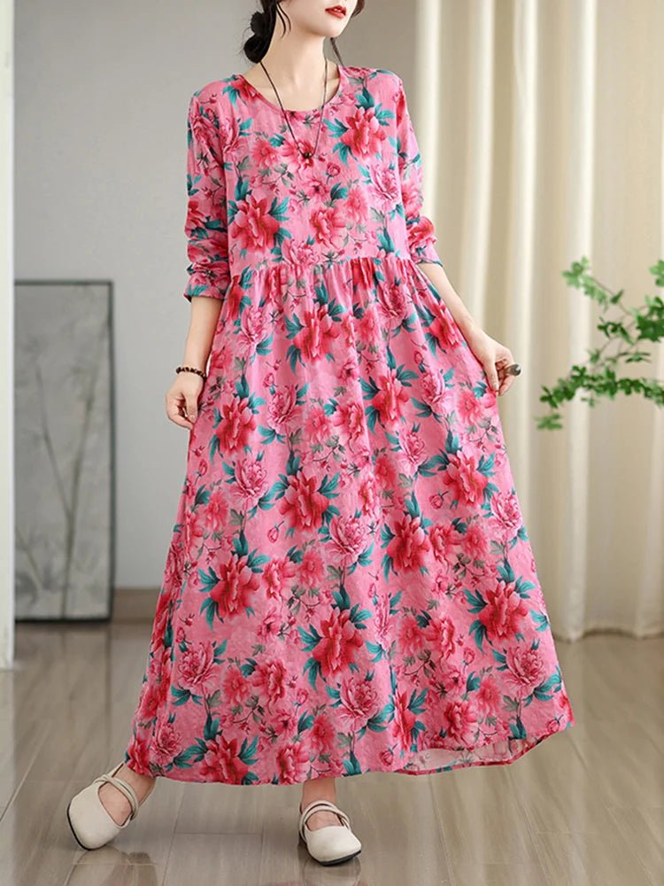 SaneShoppe - Long Sleeve Cotton Floral Vintage Long Dresses For Women 2025 Spring Autumn New Casual Loose Elegant Dress Femme Robe Clothing