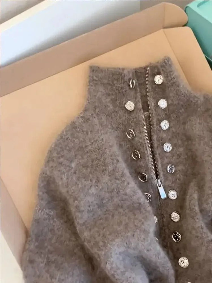 SaneShoppe - Luxury Fluffy Knitted Cardigan Sweater Design Double Breasted Sweater Coat Women Autumn High - end Lazy Zipper 2000s Y2k Knit Top