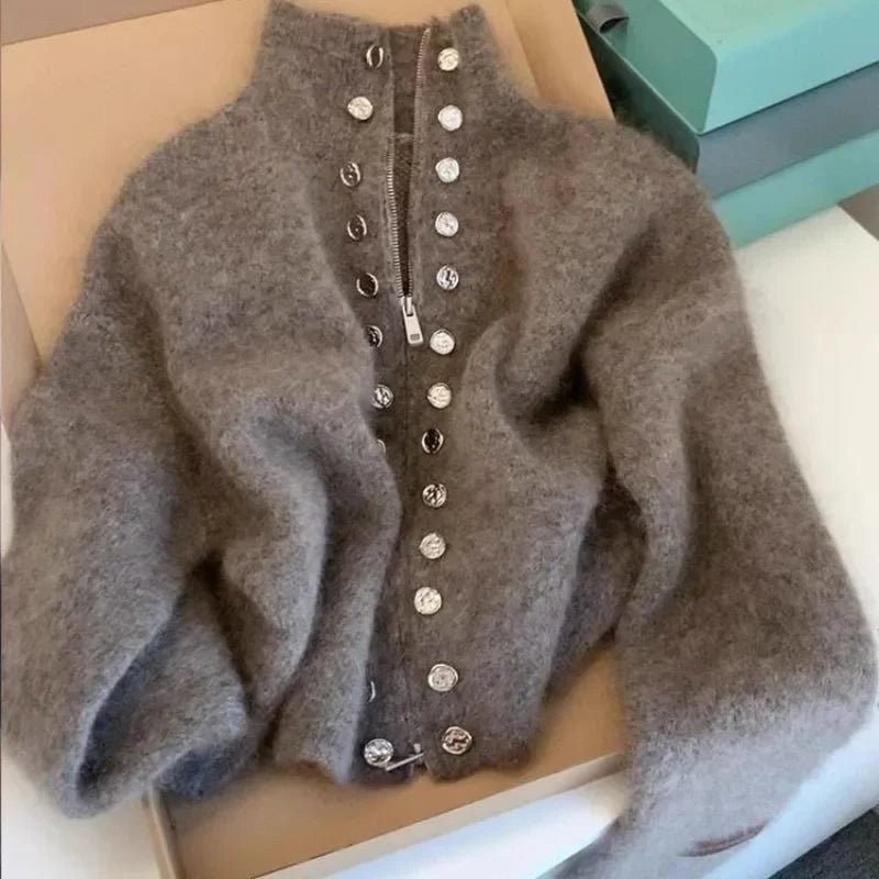 SaneShoppe - Luxury Fluffy Knitted Cardigan Sweater Design Double Breasted Sweater Coat Women Autumn High - end Lazy Zipper 2000s Y2k Knit Top