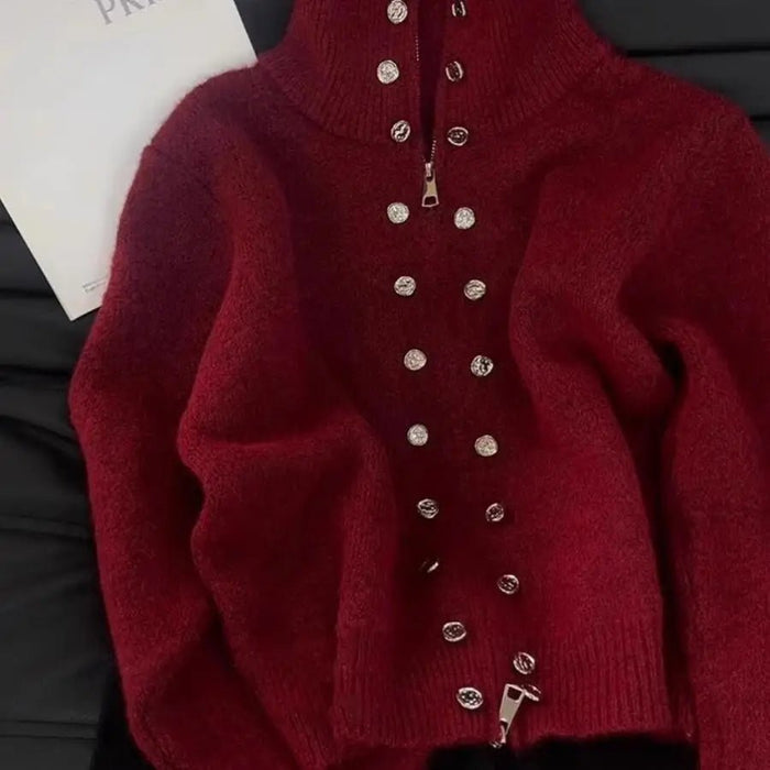SaneShoppe - Luxury Fluffy Knitted Cardigan Sweater Design Double Breasted Sweater Coat Women Autumn High - end Lazy Zipper 2000s Y2k Knit Top