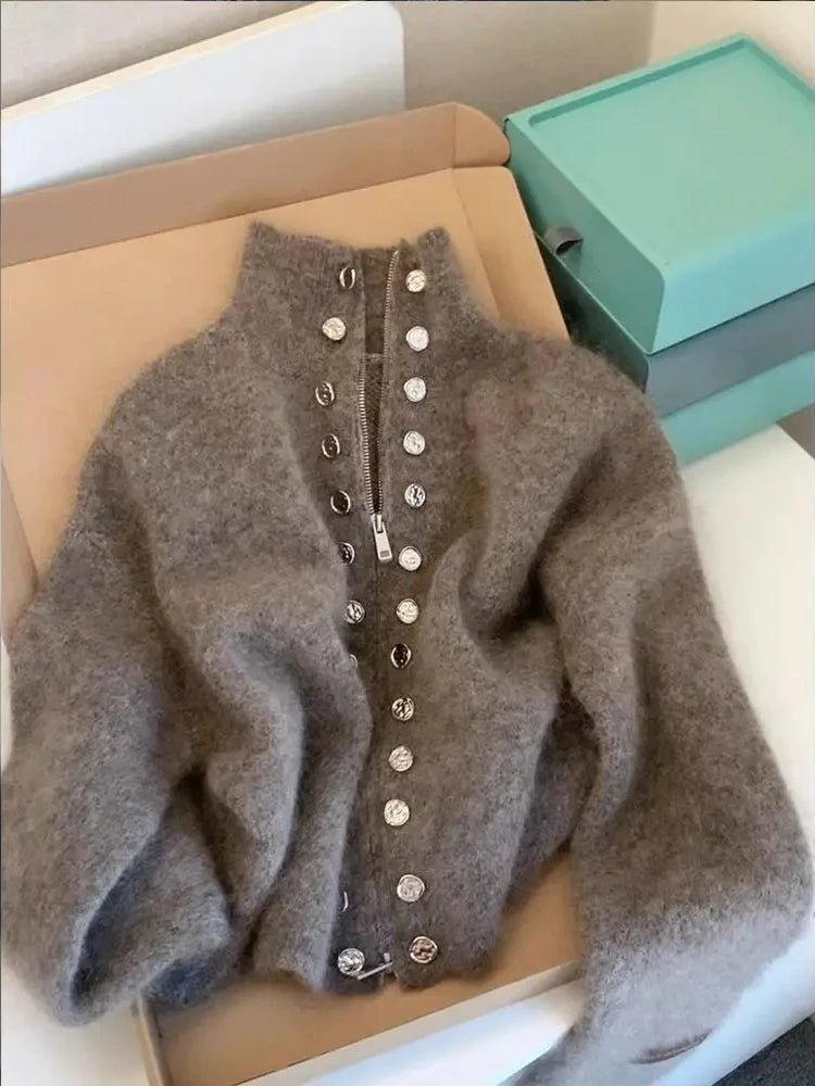 SaneShoppe - Luxury Fluffy Knitted Cardigan Sweater Design Double Breasted Sweater Coat Women Autumn High - end Lazy Zipper 2000s Y2k Knit Top