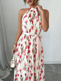 SaneShoppe-Women's Halter Neck Tulip Print Maxi Dress - Romantic Vacation Style