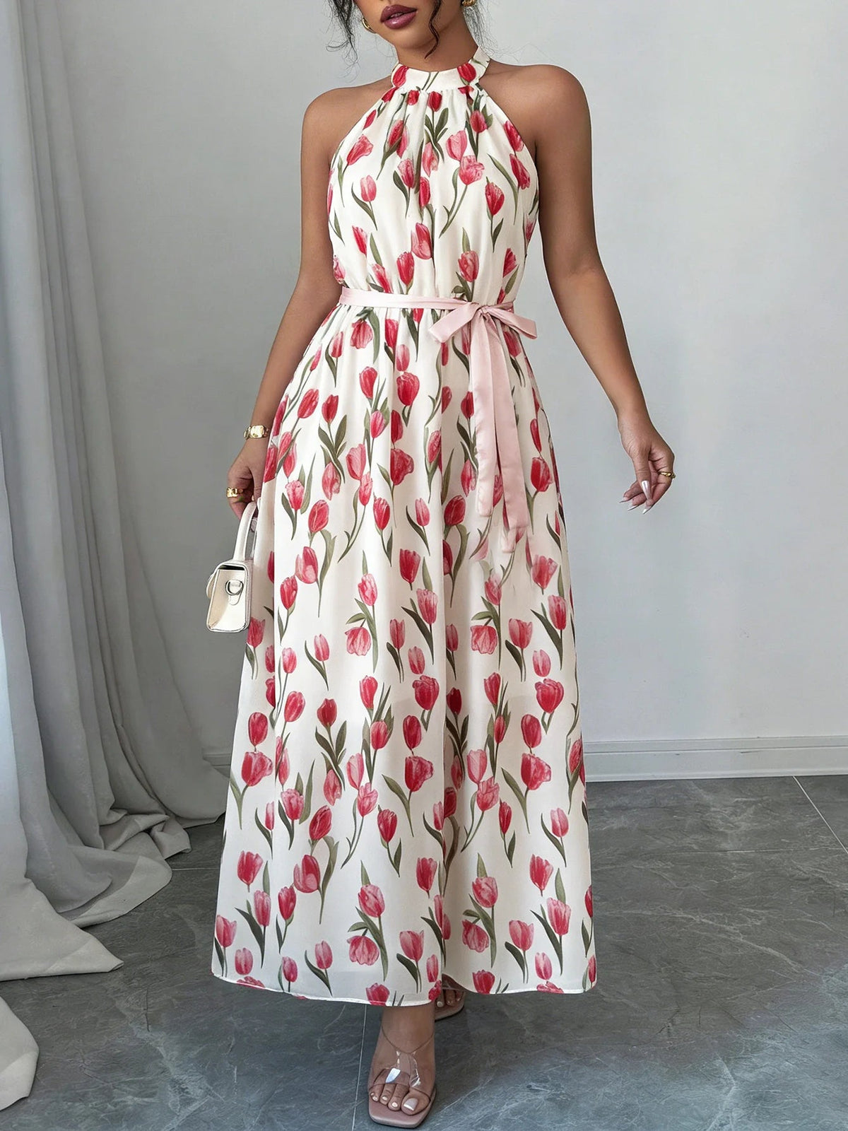 SaneShoppe-Women's Halter Neck Tulip Print Maxi Dress - Romantic Vacation Style