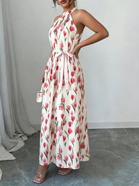 SaneShoppe-Women's Halter Neck Tulip Print Maxi Dress - Romantic Vacation Style