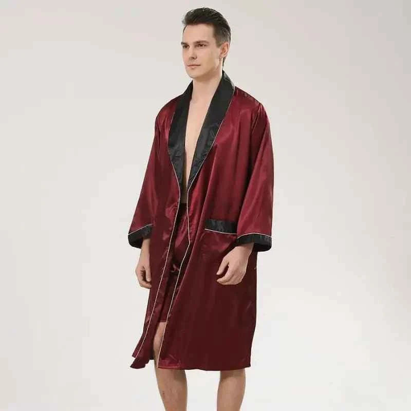 Men Satin Robe Set Long Sleeve 2pcs Robe & Shorts Sleep Set Silky Set