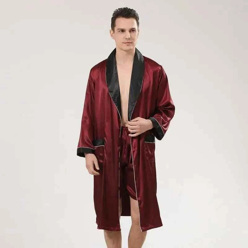 Men Satin Robe Set Long Sleeve 2pcs Robe & Shorts Sleep Set Silky Set