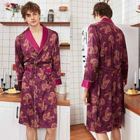 Men Silk Satin Golden Dragon Dressing Gown Knee Length Kimono Robe.