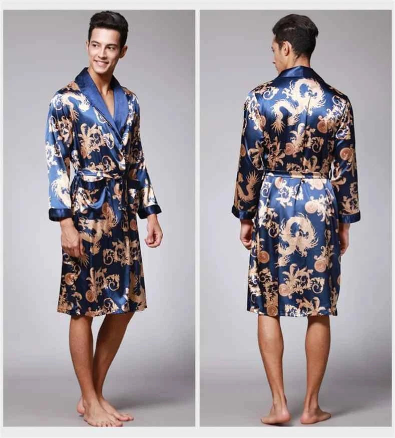 Men Silk Satin Golden Dragon Dressing Gown Knee Length Kimono Robe.