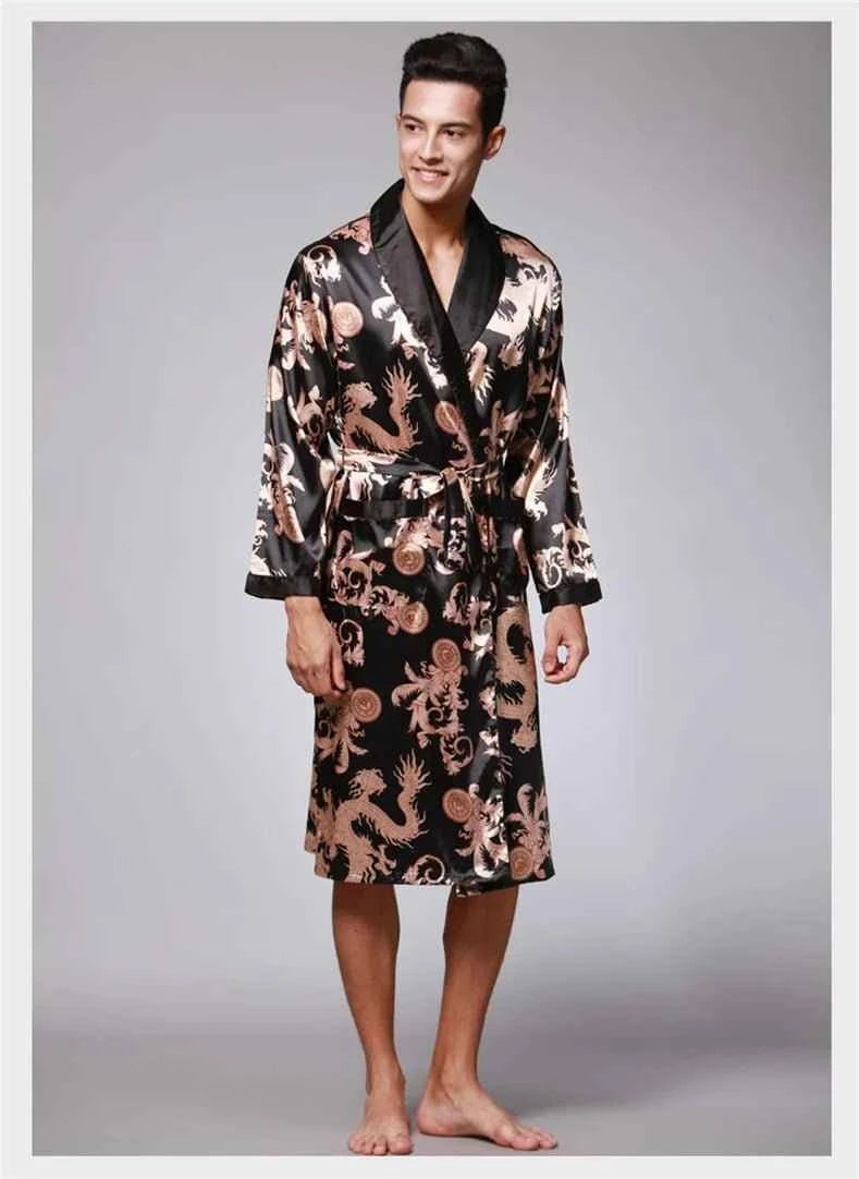 Men Silk Satin Golden Dragon Dressing Gown Knee Length Kimono Robe.