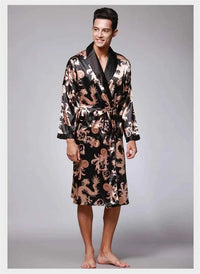 Men Silk Satin Golden Dragon Dressing Gown Knee Length Kimono Robe.