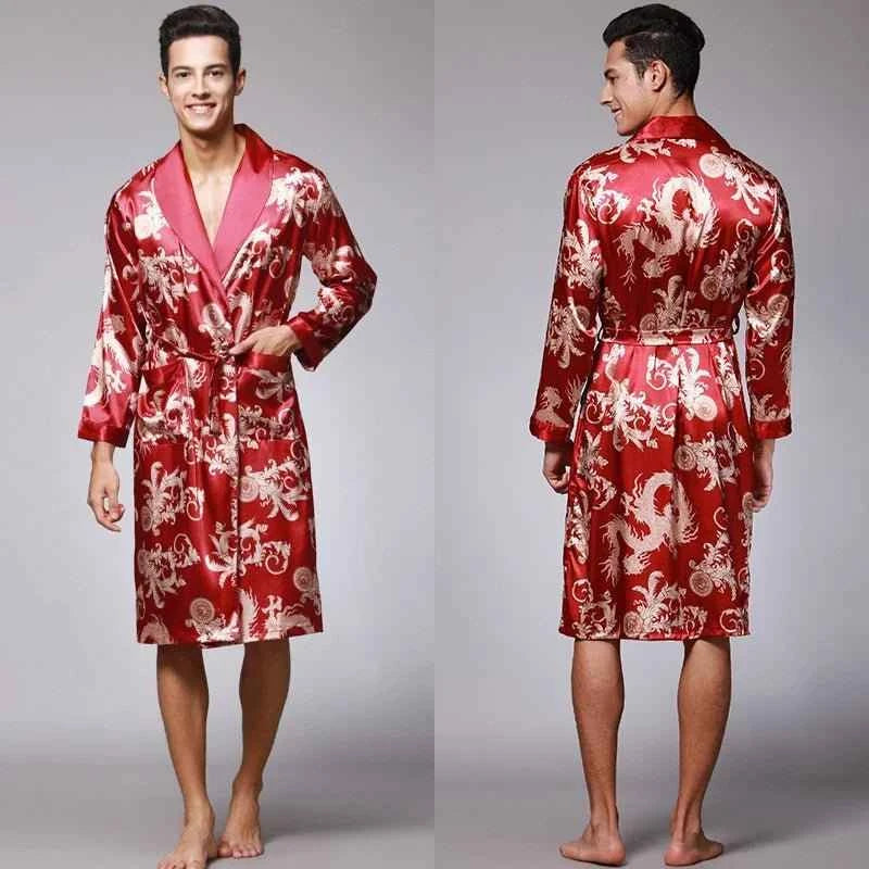 Men Silk Satin Golden Dragon Dressing Gown Knee Length Kimono Robe.