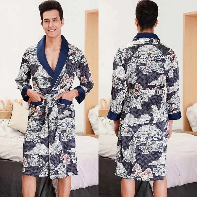 Men Silk Satin Golden Dragon Dressing Gown Knee Length Kimono Robe.