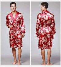 Men Silk Satin Golden Dragon Dressing Gown Knee Length Kimono Robe.