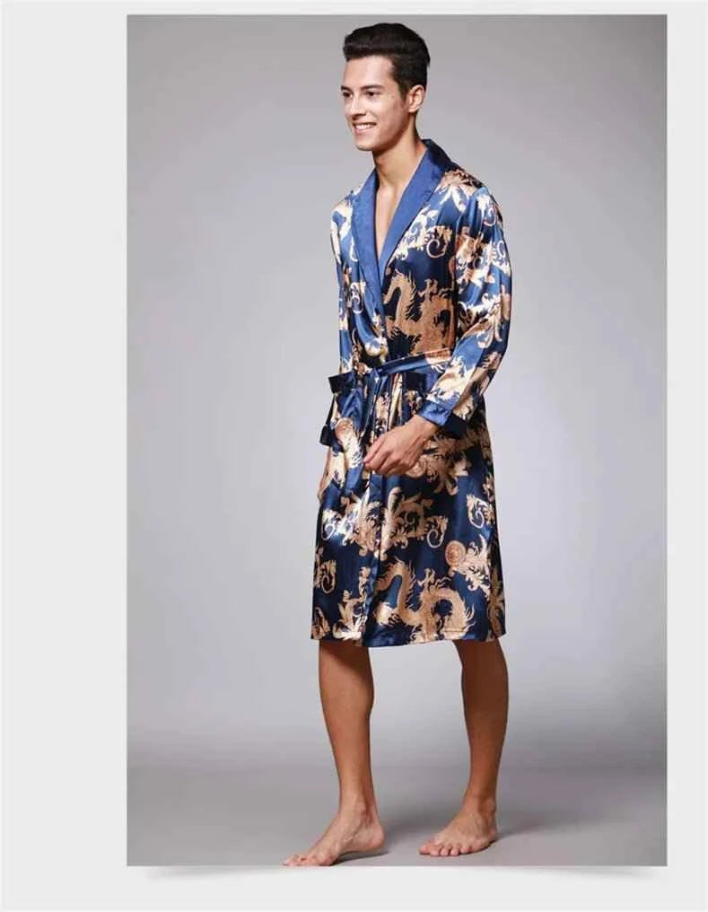 Men Silk Satin Golden Dragon Dressing Gown Knee Length Kimono Robe.