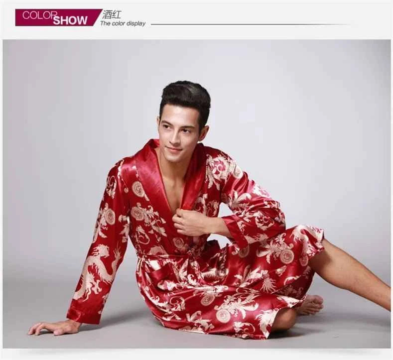 Men Silk Satin Golden Dragon Dressing Gown Knee Length Kimono Robe.