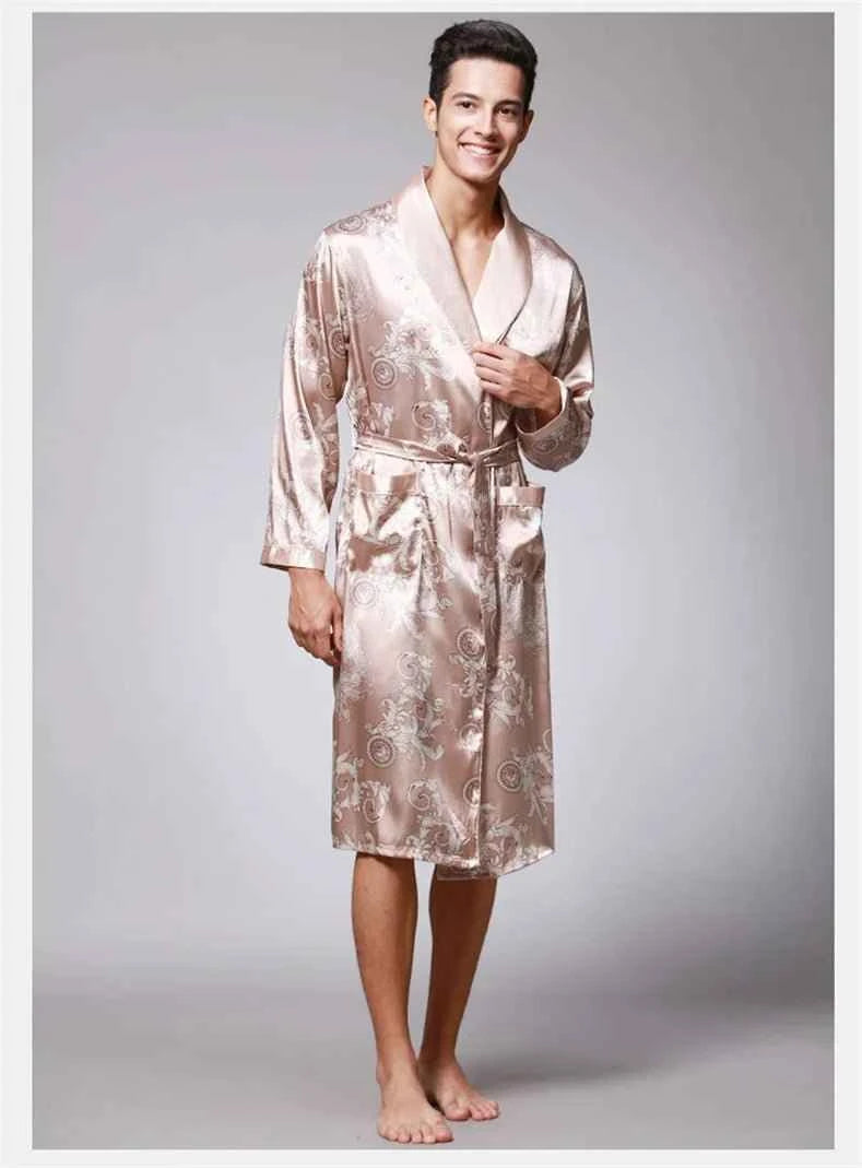 Men Silk Satin Golden Dragon Dressing Gown Knee Length Kimono Robe.