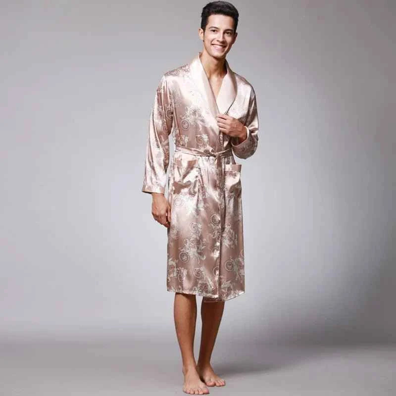 Men Silk Satin Golden Dragon Dressing Gown Knee Length Kimono Robe.