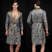 Men Silk Satin Golden Dragon Dressing Gown Knee Length Kimono Robe.