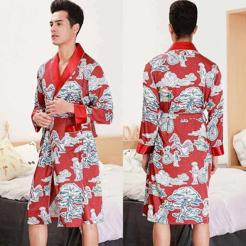Men Silk Satin Golden Dragon Dressing Gown Knee Length Kimono Robe.