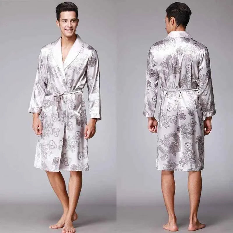 Men Silk Satin Golden Dragon Dressing Gown Knee Length Kimono Robe.