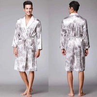 Men Silk Satin Golden Dragon Dressing Gown Knee Length Kimono Robe.