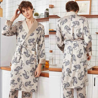 Men Silk Satin Golden Dragon Dressing Gown Knee Length Kimono Robe.