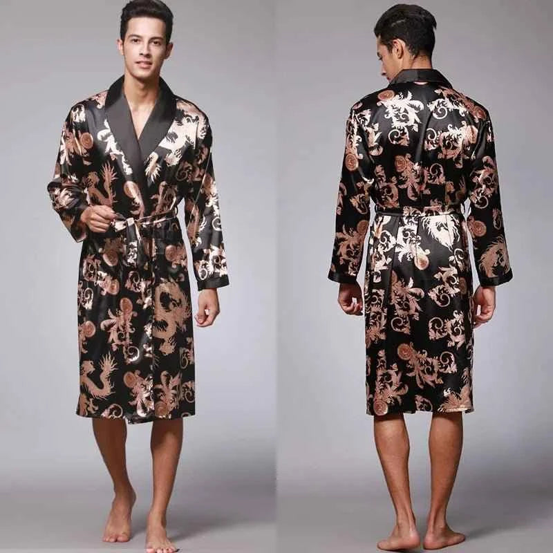 Men Silk Satin Golden Dragon Dressing Gown Knee Length Kimono Robe.