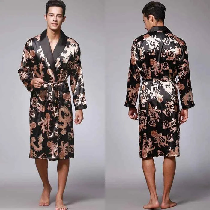 Men Silk Satin Golden Dragon Dressing Gown Knee Length Kimono Robe.