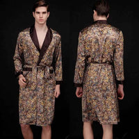 Men Silk Satin Golden Dragon Dressing Gown Knee Length Kimono Robe.