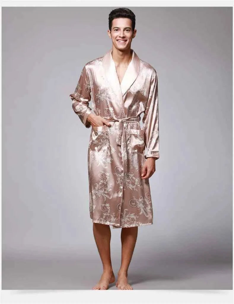 Men Silk Satin Golden Dragon Dressing Gown Knee Length Kimono Robe.