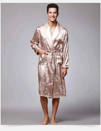 Men Silk Satin Golden Dragon Dressing Gown Knee Length Kimono Robe.