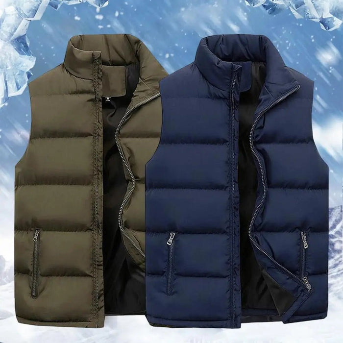 SaneShoppe - Men Vest Jacket Stand Collar Solid Color Zipper Cotton Padded Thicken Cold Proof Straight Waistcoat Men Streetwear