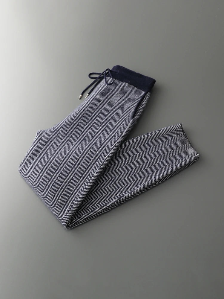 SaneShoppe - Men Zippers 100% Merino Wool Sweater Cardigan Pants Sets Autumn Winter Knitted Thick Herringbone Color Blocking Pencil Trousers