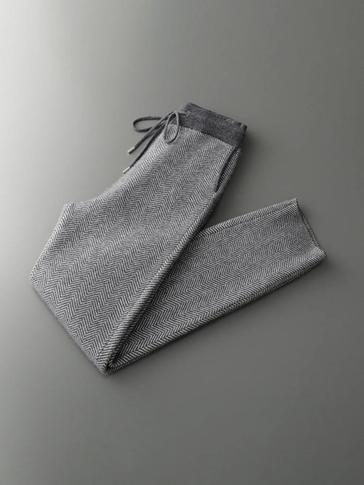SaneShoppe - Men Zippers 100% Merino Wool Sweater Cardigan Pants Sets Autumn Winter Knitted Thick Herringbone Color Blocking Pencil Trousers