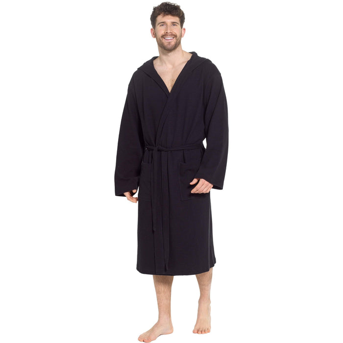 SaneShoppe - Men’s Hooded Waffle Cotton Bathrobe Black Super Absorbent Spa Robe Luxury Dressing Gown for Home & Loungewear by Sock Stack