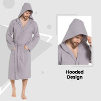 SaneShoppe - Men’s Hooded Waffle Cotton Bathrobe Grey Super Absorbent Spa Robe Luxury Dressing Gown for Home & Loungewear by Sock Stack