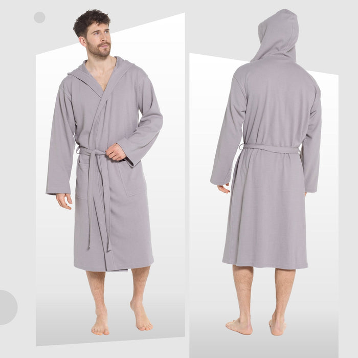 SaneShoppe - Men’s Hooded Waffle Cotton Bathrobe Grey Super Absorbent Spa Robe Luxury Dressing Gown for Home & Loungewear by Sock Stack