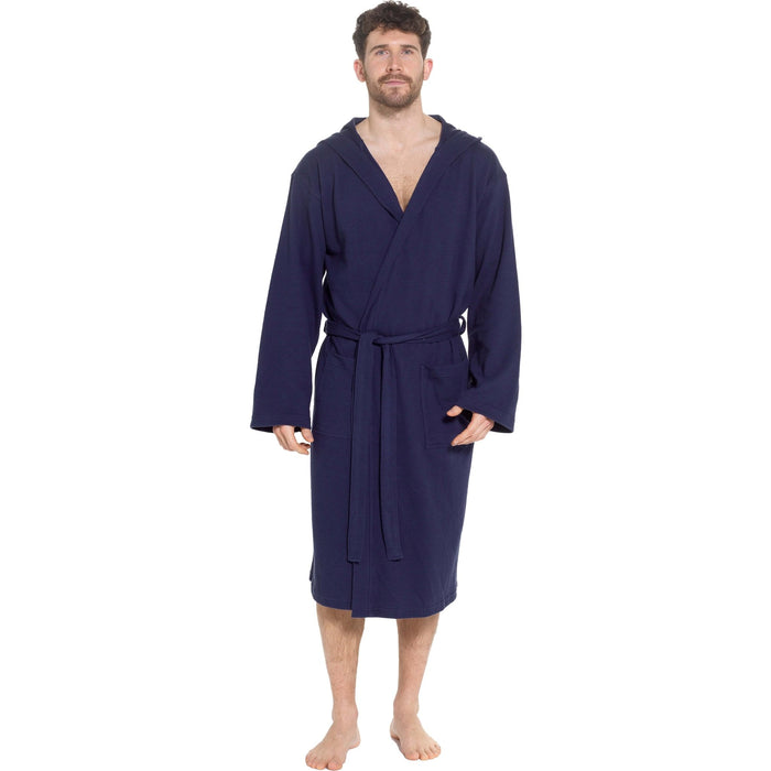 SaneShoppe - Men’s Hooded Waffle Cotton Bathrobe Navy Super Absorbent Spa Robe Luxury Dressing Gown for Home & Loungewear by Sock Stack