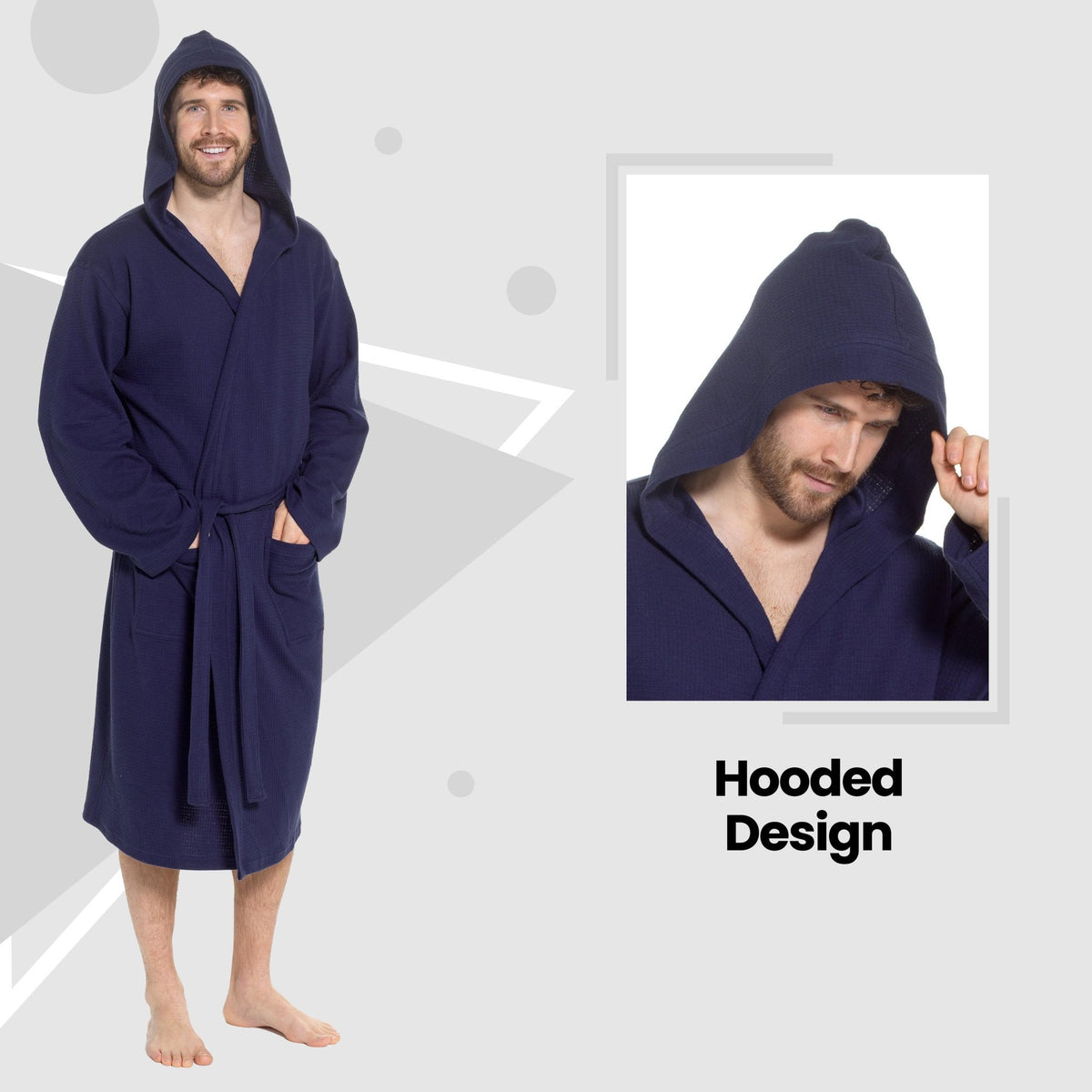 SaneShoppe - Men’s Hooded Waffle Cotton Bathrobe Navy Super Absorbent Spa Robe Luxury Dressing Gown for Home & Loungewear by Sock Stack