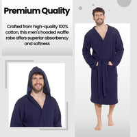 SaneShoppe - Men’s Hooded Waffle Cotton Bathrobe Navy Super Absorbent Spa Robe Luxury Dressing Gown for Home & Loungewear by Sock Stack