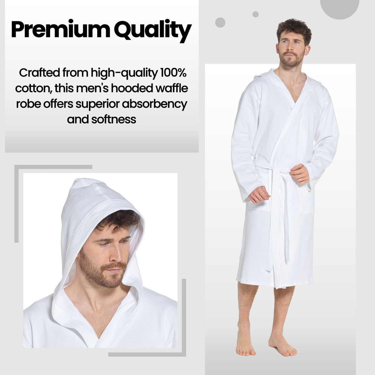 SaneShoppe - Men’s Hooded Waffle Cotton Bathrobe White Super Absorbent Spa Robe Luxury Dressing Gown for Home & Loungewear by Sock Stack