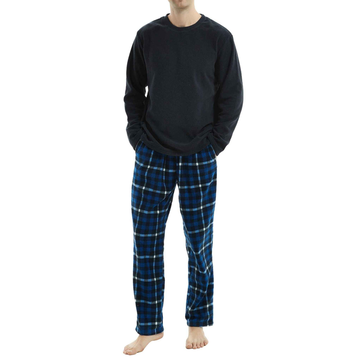 Luxury Design Mens Navy Check Fleece PJs - Warm Winter Pyjama Set